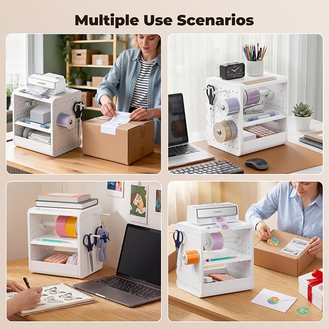 MUNBYN 4x6 Thermal Label Holder for Rolls and Fanfold Labels, ILH03 | 3-Tier Shelf, 5-in-1 Sticker Holder, Drawer, Hooks & Pegboard, For Shipping Label Printing, Office, Small Business, Home