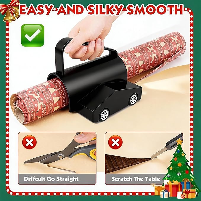 Wrapping Paper Cutter, Paper Cutter Slider Fit for Any Diameter Paper Roll, 3 Replaceable Blade for Smooth Straight Cuts, Gift Wrap Cutter with Handle, Easy Paper Cutting Tool for Holidays Birthday