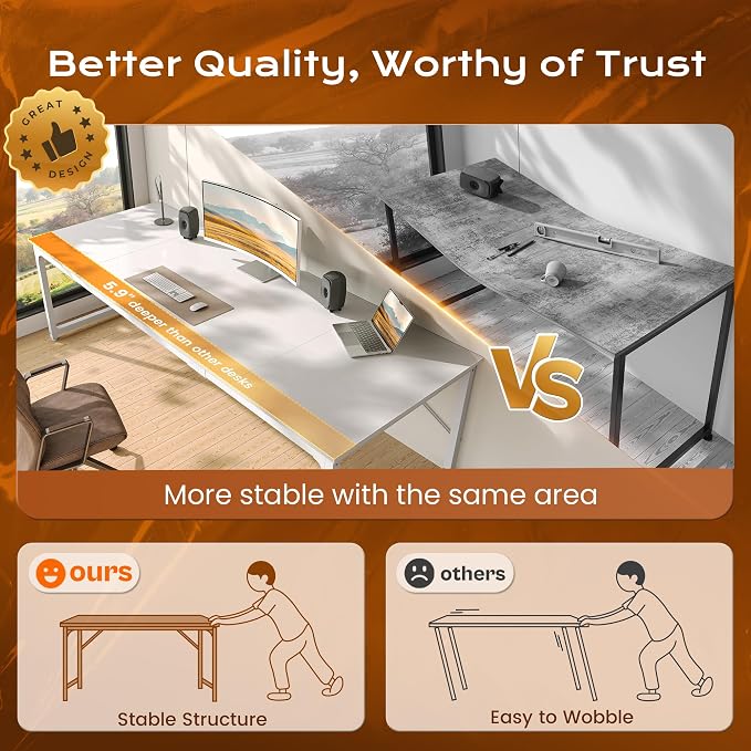 63 x 29.5 Inch Computer Desk with Deeper Desktop, Gaming Office Writing Work Desk for Home Office, Study, Bedroom, Work from Home, Metal Frame, White