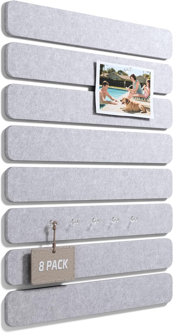 Fluxynara 13" x 2" Felt Wall Panels, Soft Gray | 8-Pack Includes 50 Push Pins and Adhesive Tabs for Photos, Notes and Decor in Bedroom Doors, Home Office or Studios