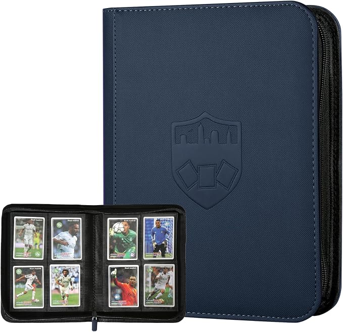4 Pocket Ringless Side Loading Trading Card Binder, 160 Cards PU Fixed Page Zipper Card Album for TCG Sports Game Cards, Not Fit Top Loaders (Blue)