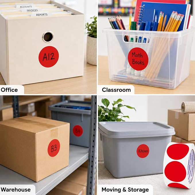 Red Circle Stickers, 2 Inch, 500/Roll | Large Sticker Dots with Semi-Gloss Paper for Inventory, Classrooms, and Offices. Made in USA