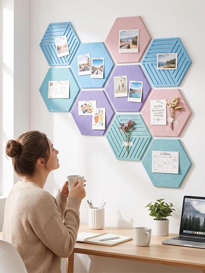 Hexagon Cork Board Tiles for Office Walls Decor 10 Pack 11.81" X 10.24" | Traceless Nano Adhesive Tabs, 0.39 " Thickness Specification, Cover 6.3 Ft² Area, Photo Memory Display, Vision Board Creation