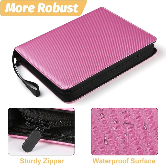 GERMUN 3 Ring 9 Pocket Zipper Card Binder, 720 Double Sided Standard PU Trading Card Album Folder for TCG & Sports Cards, Not Fit Top Loaders (Pink)