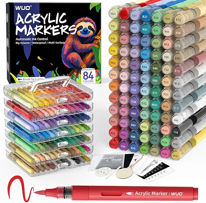 WUO 84 Colors Acrylic Paint Markers Brush Tip with Automatic Ink Control | Water-based, no-bleed, waterproof acrylic paint pens for rock, wood, canvas, glass, ceramic, fabric and DIY crafts