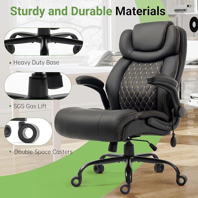 Office Chair, Big and Tall Executive Chair with Air-Lumbar Support, Breathable Desk Computer Chair with Adjustable Flip-up Armrests, Wide Cushion Seat Swivel Home Office Chair