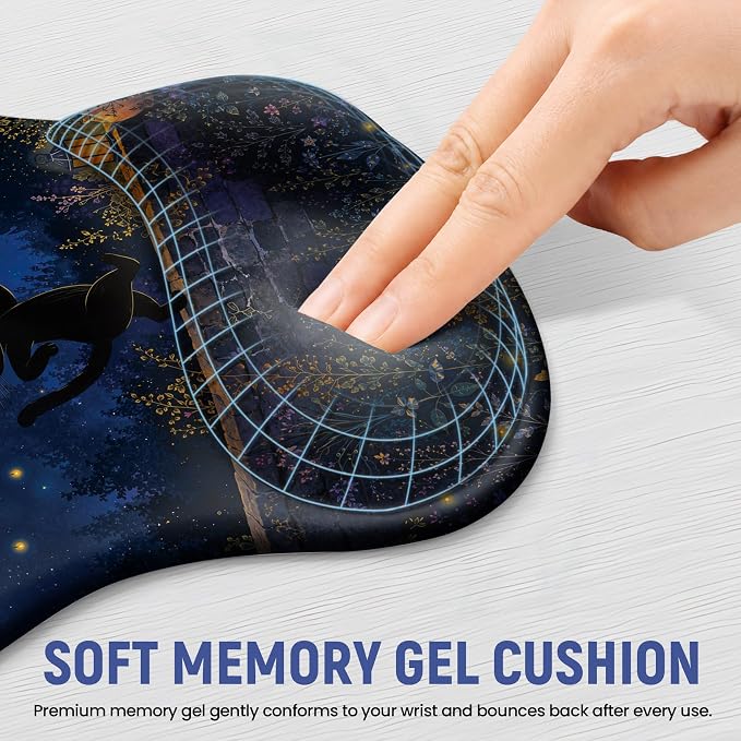 Ergonomic Mouse Pad with Wrist Rest, Gel Wrist Support, Starlit Cat | 10.2 x 7.6 in Mouse Pad with Smooth Fabric Surface and Non-Slip Rubber Base for Office, Home, Study, and Gaming