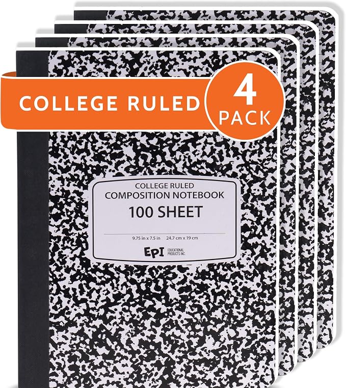 4 Pack - EPI College Ruled Composition Notebook Black - 200 Pages (100 Sheets), 9-3/4 x 7-½ - Classroom Back to School Supplies, Heavy Duty, Durable Hardcover Office Notebooks, Sewn