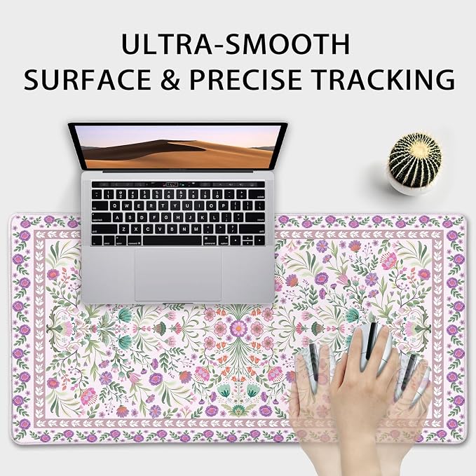 Purple Floral Desk Mat Large Mouse Pad 31.5"x15.7" Anti-Slip | Extended Mousepad, Non-Slip Rubber Base , Stitched Edges, for Computer/Laptop/Office/Home