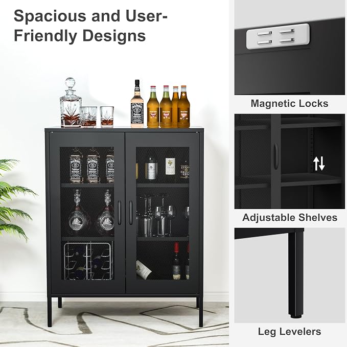 Washsemba Metal Storage Cabinet with Mesh Doors and Shelves,Multipurpose Storage Rack, 3-Tier Office Cabinet,Metal Locker Style Accent for Home Office,Living Room,Kitchen (Black-mesh, 40''H)