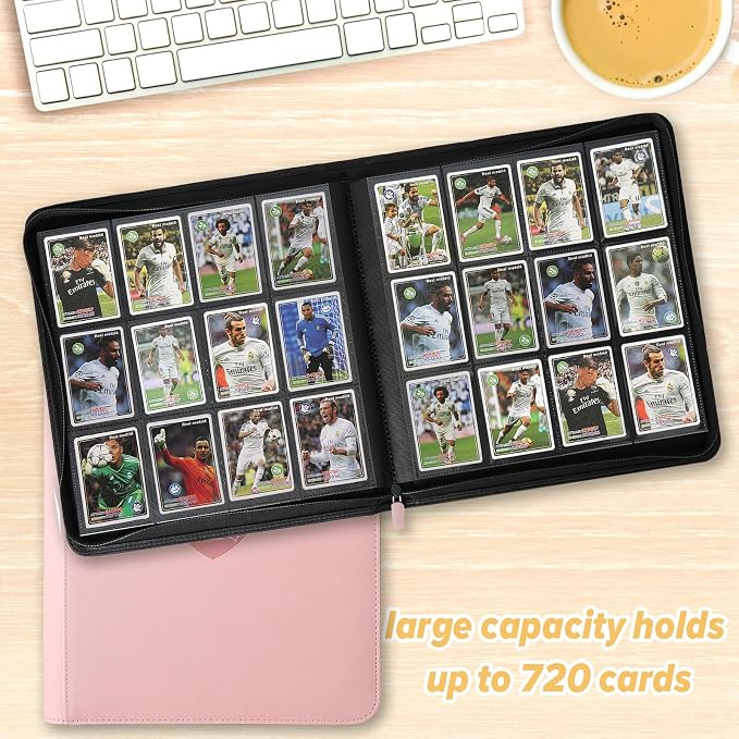 12 Pocket Ringless Side Loading Trading Card Binder, 720 Cards PU Fixed Page Zipper Card Album for TCG Sports Game Cards, Not Fit Top Loaders (Pink)
