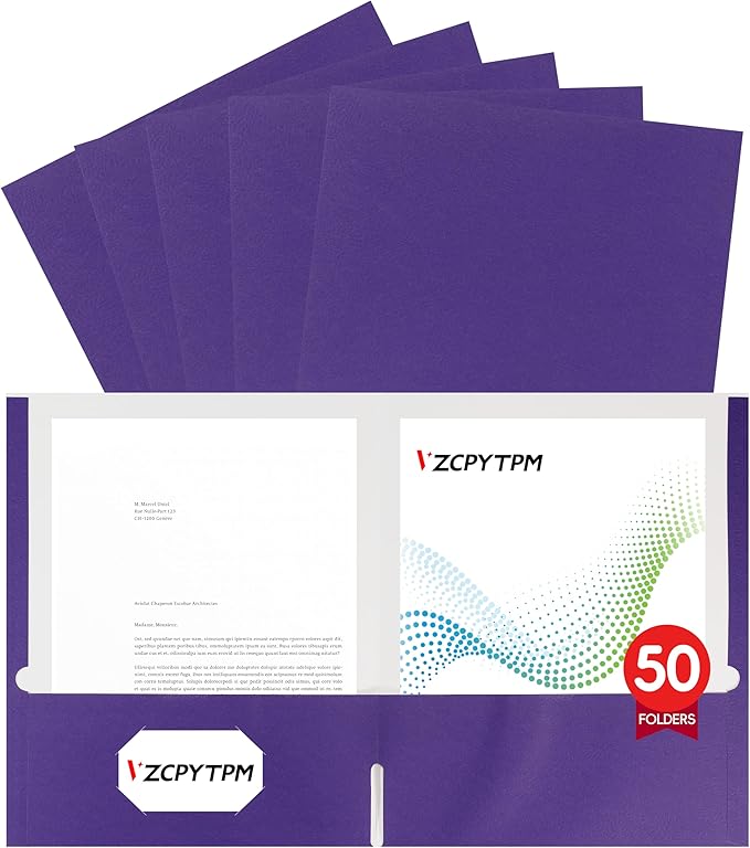 50 Packs Purple Two Pocket Folders,File Folder Letter Size,8.5x11Inches File Folders for Office,School and Home,Organizer File Folder