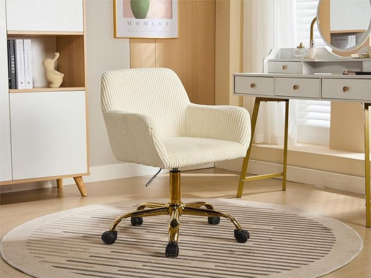 KCC Corduroy Fabric Vanity Makeup Desk Chair, Fluffy Swivel Modern Armchair with Wheels, Upholstered Fuzzy Height Adjustable for Girls Home Office, Beige