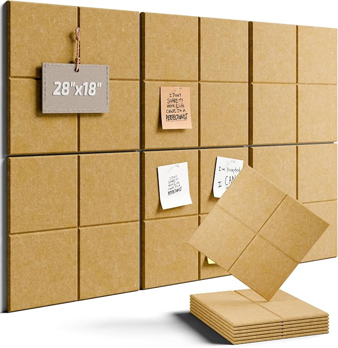 28" x 18" Felt Bulletin Board Tiles, 4-Compartment, Mustard Yellow | 6-Pack Cork Board Alternative, 30 Adhesive Tabs, Push Pin Board, Wall Decor, Office, Home, Classroom, Dorm