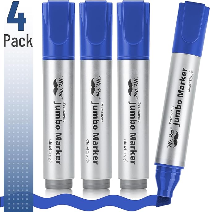 Mr. Pen- Jumbo Permanent Markers, 4 Pack, Blue, Chisel Tip, Large Color Set, Huge Poster Markers, Thick for Writing