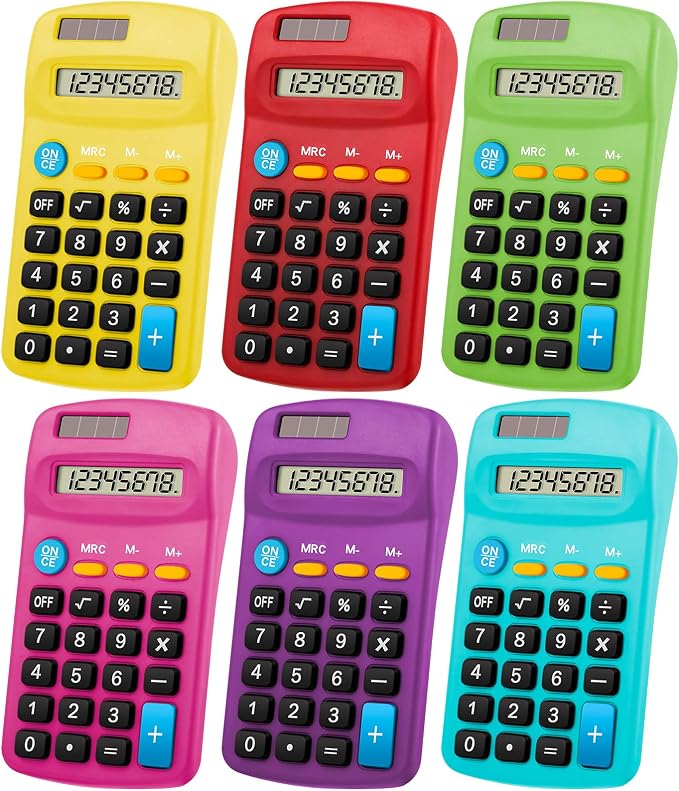 Weewooday 6 Pieces Small Basic Calculator Bulk 8 Digit Solar Battery Dual Power Mini Handheld Pocket Calculator for Classroom Kids Students Desktop School Office Home, 6 Colors