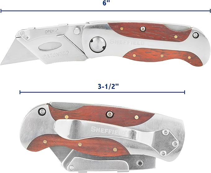 Sheffield 12818 Folding Utility Knife with Leather Sheath, Stocking Stuffers, Gifts for Men, Dad Gifts, Quick-Change Utility Knife Blades, Lightweight Hardwood Handle, Box Cutter, Cardboard Cutter