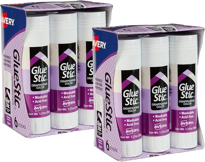 Avery Glue Stic, Disappearing Purple, Washable, Non-Toxic, 1.27oz, 6 Glue Sticks, 2-Pack, 12 Total (10222)