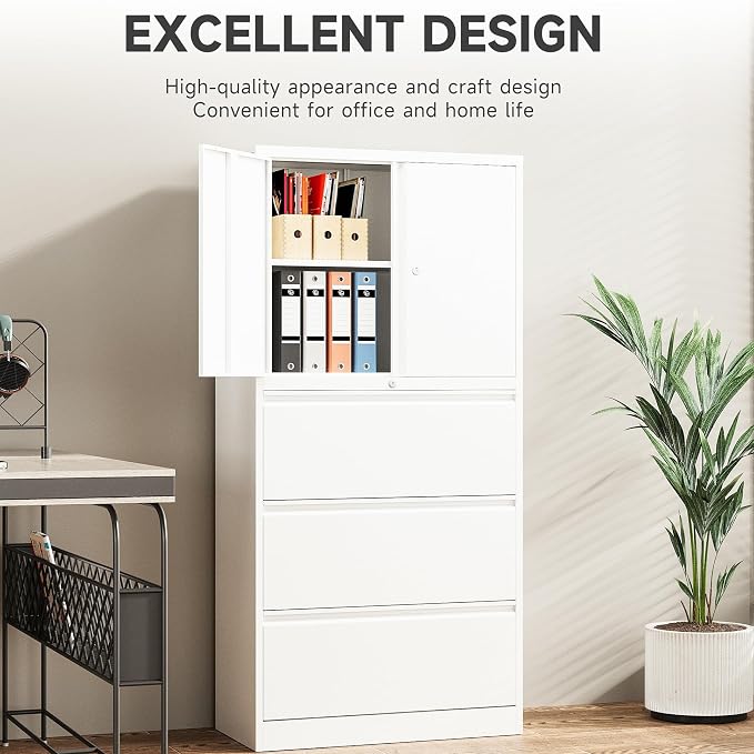 3 Drawer Lateral File Cabinet with Lock and Shelf,White Metal Filling Cabinet with Drawers and Shelf, Locking File Storage Cabinets with Doors and Shelves for Home,Office,Garage,School