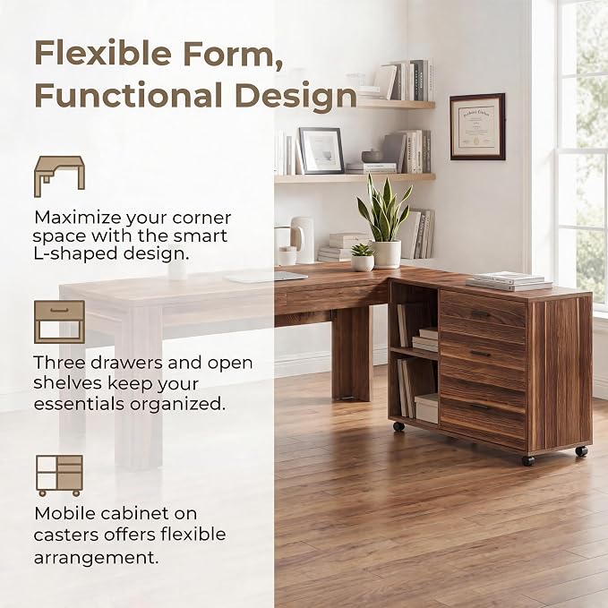 Tribesigns L Shaped Executive Desk with Drawers,Light Walnut | Large Office Desk with Rolling File Cabinet Combo,Home Office Computer Desk,Wooden Desk with Long Front Baffle