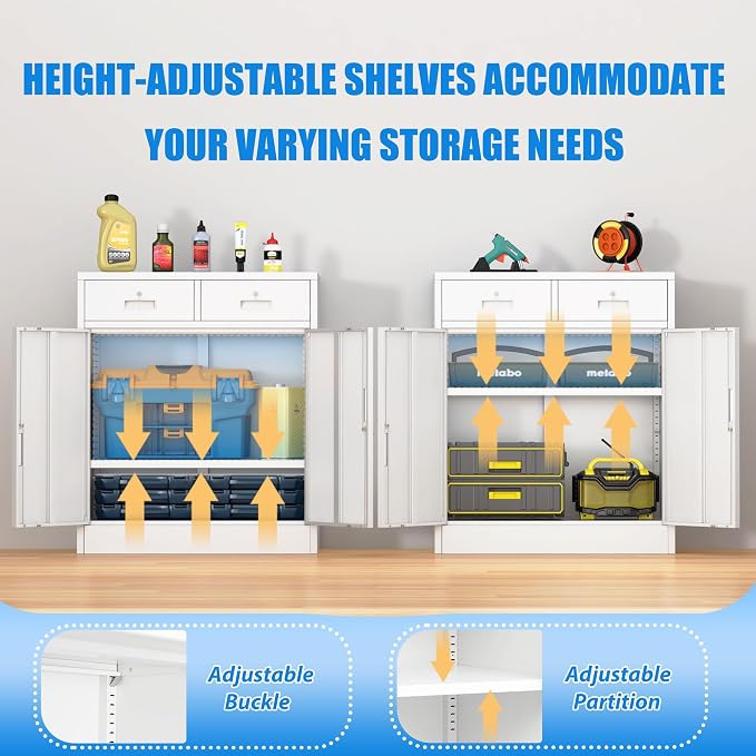 BESFUR Metal Storage Cabinet, Locking Storage Cabinet with Doors and Shelves, Reinforced Heavy Duty Metal Cabinets with Drawers for Office, Home, Garage (White)