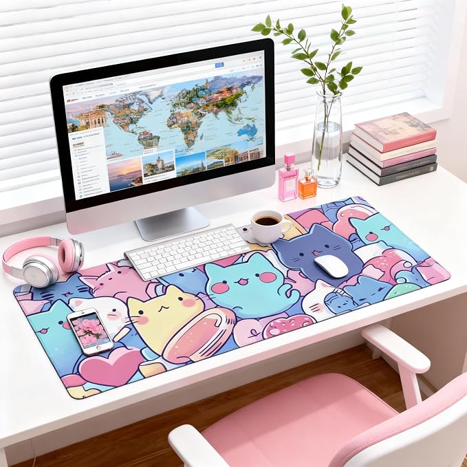 Cute Anime Cats Gaming Mouse Pad, Candy Pop Art Desk Mat with Anti-Slip Base & Stitched Edges, Office Supplies & Desk Decor for Women, 35.4" x 15.7" in Home Office Essentials