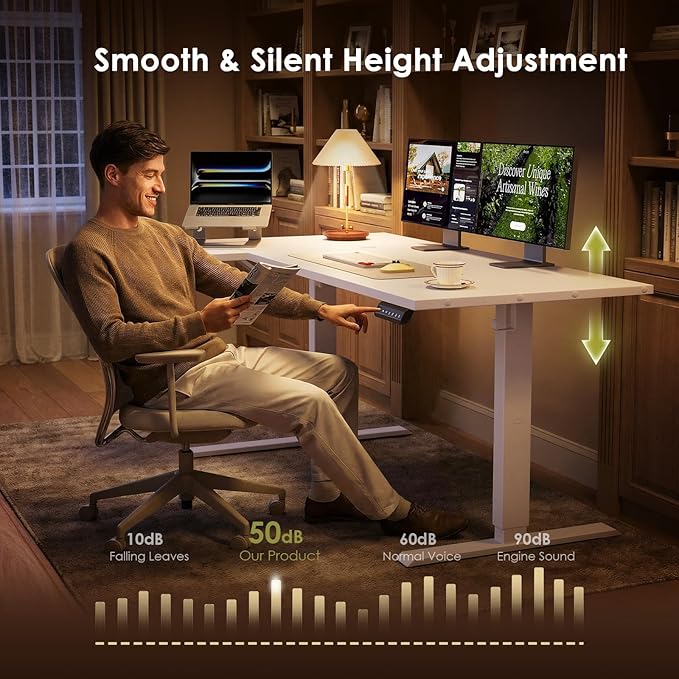 OffiGo Electric L Shaped Standing Desk, 63 Inches Height Adjustable Table, Reversiable Corner Stand Up Desk, Lifting Computer Table for Home Office, Computer Workstation, White