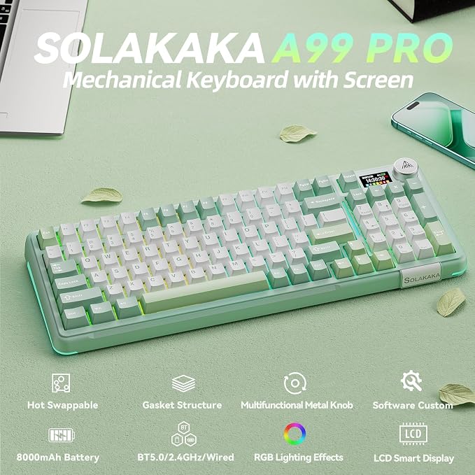 SOLAKAKA A99 Pro Wireless Mechanical Keyboard with BT5.0/2.4GHz/USB-C, LCD Screen & Metal Knob, Gasket-Mounted Gaming Keyboard, Full Hot-Swappable, RGB Creamy Keyboard for Win/Mac
