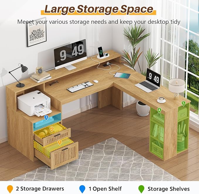 63" Fluted L Shaped Desk with Drawers & Storage Shelves for Home Office | Corner Desk with Power Outlets & LED Lights, L-Shaped Office Desks with File Drawer, Printer Shelf, Monitor Stand, Oak