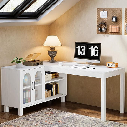 Tribesigns L-Shaped Desk with File Cabinet, 59-Inch Executive Office Desk with Storage Shelves, Wooden Study Writing Desk Farmhouse Corner Computer Desk for Home Office, White