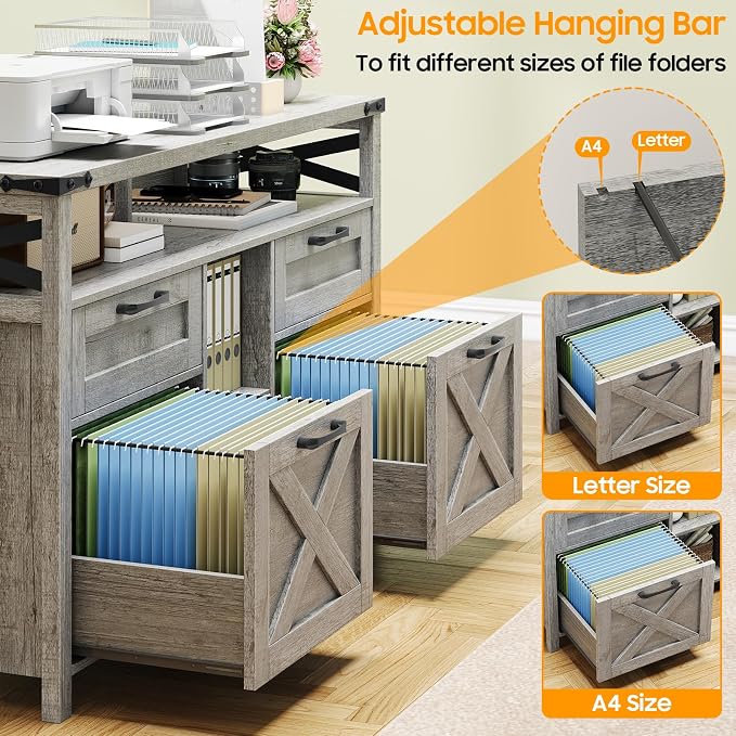 Halitaa File Cabinet with Open Storage Shelf for Home Office, Gray | Farmhouse, Lateral Filing Organization Storage Cabinets, 4 Drawers, Adjustable Shelf, Hanging Files Letter/A4