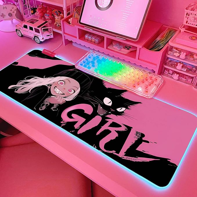JMIYAV Pink RGB Gaming Mouse Pad 31.5x12 Inch PC XL Large Extended Glowing Led Light Up Desk Pad Non-Slip Rubber Base Computer Cute Mousepad Mat Desk Accessories Gaming Setup Dream Girl