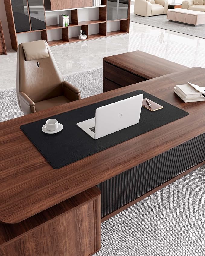 YSAGi Genuine Leather Desk Mat, 31.5"x15.8" Leather Desk Mat, Office Desk Pad, Thick Desk Pad with Stitched Line, Non-Slip Laptop Writing Pad with Rubber Base(Black, 31.5"x15.8")