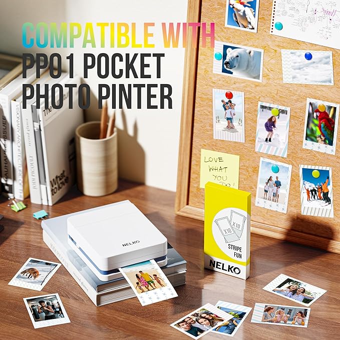 Nelko 52.3x90mm (2.06"x3.54") Premium Photo Paper, 20-Pack Genuine PP01 Pocket Printer Paper, Sticky Back Picture Paper, Compatible with Nelko PP01 Photo Printer, Easy to Peel Off, Stripe Fun