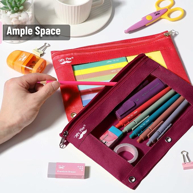 Mr. Pen- Pencil Pouch for 3 Ring Binder, 2 Pack, 10"x6.75", Smooth Zipper | Clear Window, Large Capacity Pencil Case with 3 Reinforced Grommets for School, Office, Supplies Storage | Clear Window, Large Capacity Pencil Case with 3 Reinforced Grommets f...