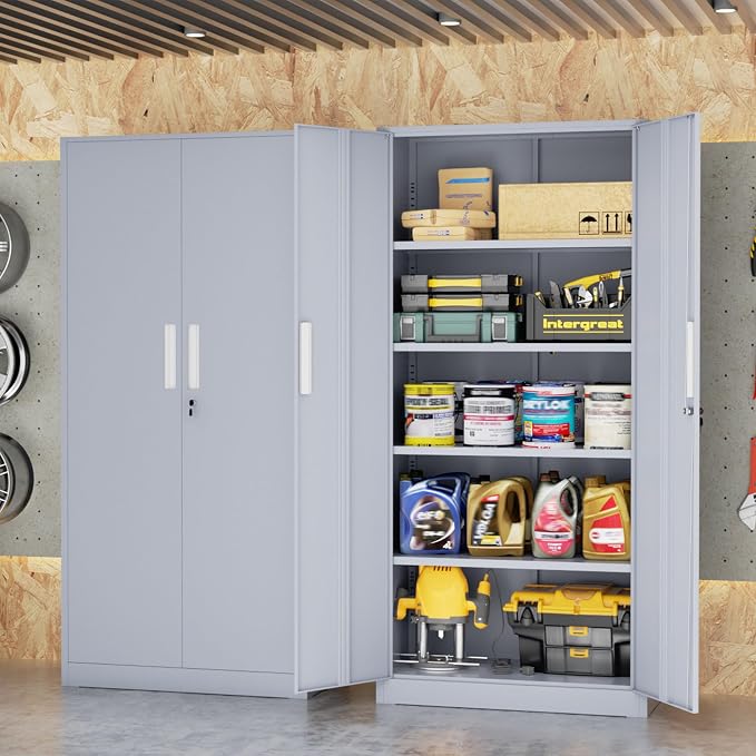 Metal Storage Cabinet, 72" Locking Steel Cabinets with 2 Door and 4 Adjustable Shelves, Tall Metal Cabinet for Home Office, Garage, Warehouse,(Cement)