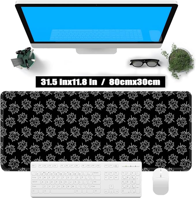 Black Maple Leafs Mouse Pad, Large Desk mat,31.5"x11.8"Laptop Gaming | Sewn Edges, Microwoven Fabric,Easy to Clean, Suitable for Office