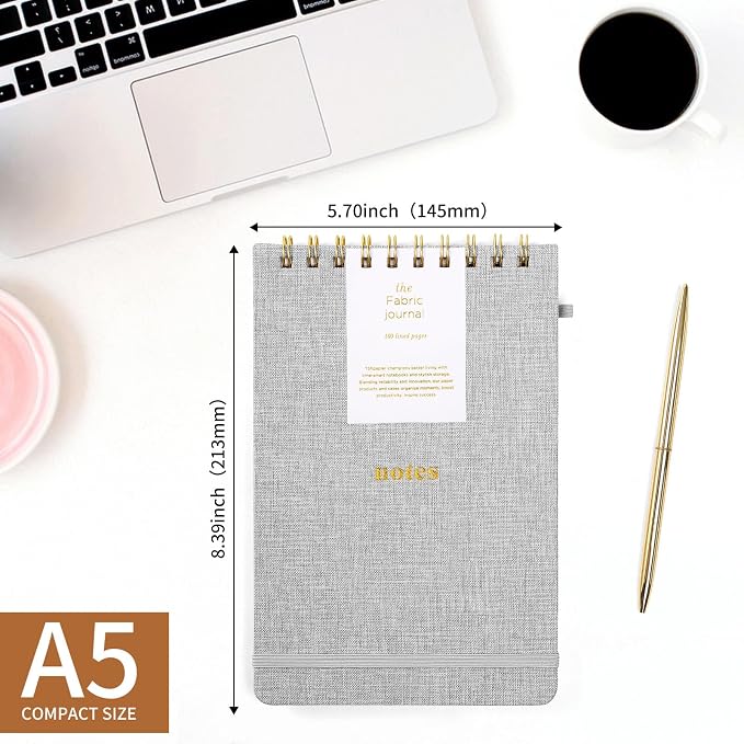 A5 Top Spiral Notebook, Fabric Hardcover College Ruled Journal | 100GSM Paper 160 Lined Pages, 5.7"x8.39" Steno Pads with Elastic Band & Pen Loop, for Work, School Note Taking (Gray)