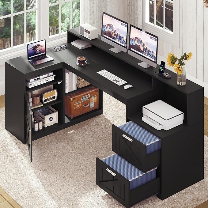 63" Farmhouse L Shaped Desk with Drawers and Printer Stand for Home Office | Computer Desk with Power Outlet, Home Office Desk with Storage Shelves and Monitor Stand, Black