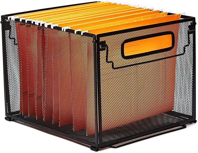 SETTFRFE Letter Size Metal Hanging File Folder Organizer Crate Basket,Black | Mesh File Folder Holder & Filing Box with Handle,Stackable Rack for Office Supplies,Teacher Classroom & Home