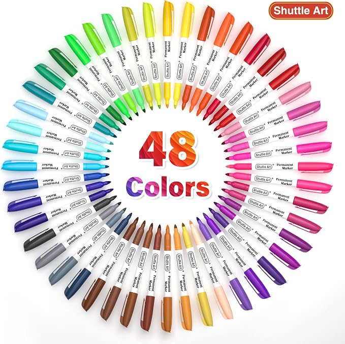 Shuttle Art 48 Colors Permanent Markers, Fine Point, Assorted Colors, Works on Plastic,Wood,Stone,Metal and Glass for Doodling, Coloring, Marking