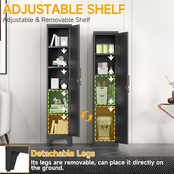 67"H Black Metal Locker with 1 Lockable Door and 4 Adjustable Shelves For Employees, 5 Tier Narrow Storage Cabinet with Detachable Legs and Vintage Handle for Kitchen,Office,Gym,School,Easy Assembly