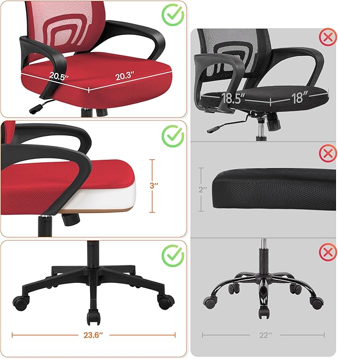 Yaheetech Red Modern Ergonomic Office Chair, Mid Back Mesh Task Chair with Lumbar Support, Adjustable Height, Rolling Swivel, 300lb Capacity