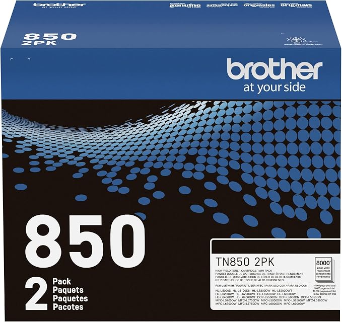 Brother Genuine High-Yield Black Toner Cartridge Twin Pack TN850 2PK, Model: TN8502PK | Twin replacement cartridges