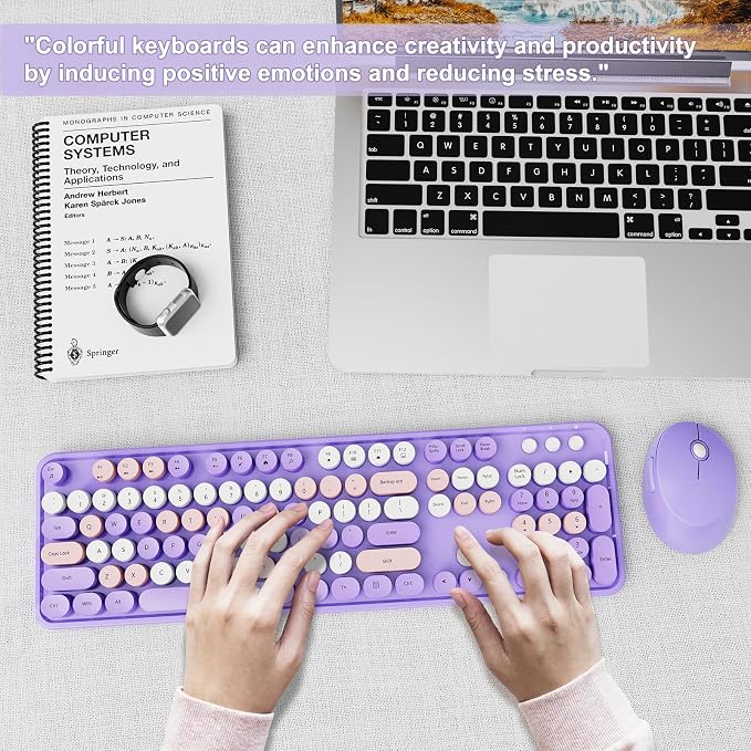 SkyGive Wireless Keyboard and Mouse Combo, Ergonomic Full Size Typewriter Retro Round Keycaps Keyboard, Compatible with Windows, PC, Perfer for Home and Office Keyboards (Lavender Purple