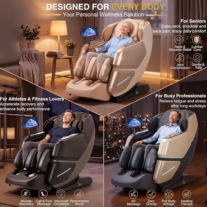 MT339 4D Massage Chair, Full Body Recliner, OTA Update, Golden | Yoga stretch, 22+5 modes, body scan, app and AI Voice Control, auto footrest, 166° zero gravity and heat for daily comfort.