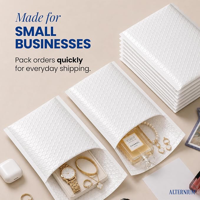 ALTERNIUM Bubble Mailers 6x9 Inch, 50-pack – Small Padded Shipping Envelopes, Self Seal Poly Bubble Mailers, Waterproof Lightweight Mailers for Jewelry, Trading Cards & Small Business - White