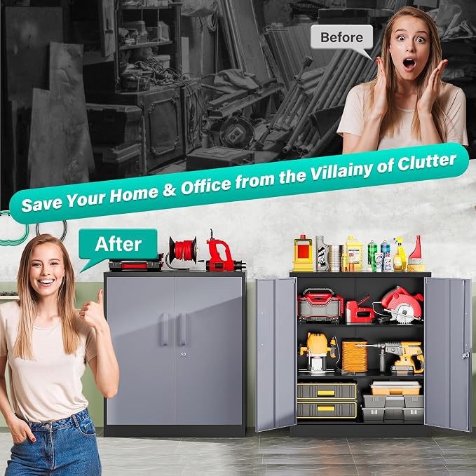 Storage Cabinet with Doors and Shelves,36 inch Metal Storage Cabinet with Locking Doors,Small Metal Cabinets with Lock,Gray Garage Cupboard for Home Office,Garage,Shop