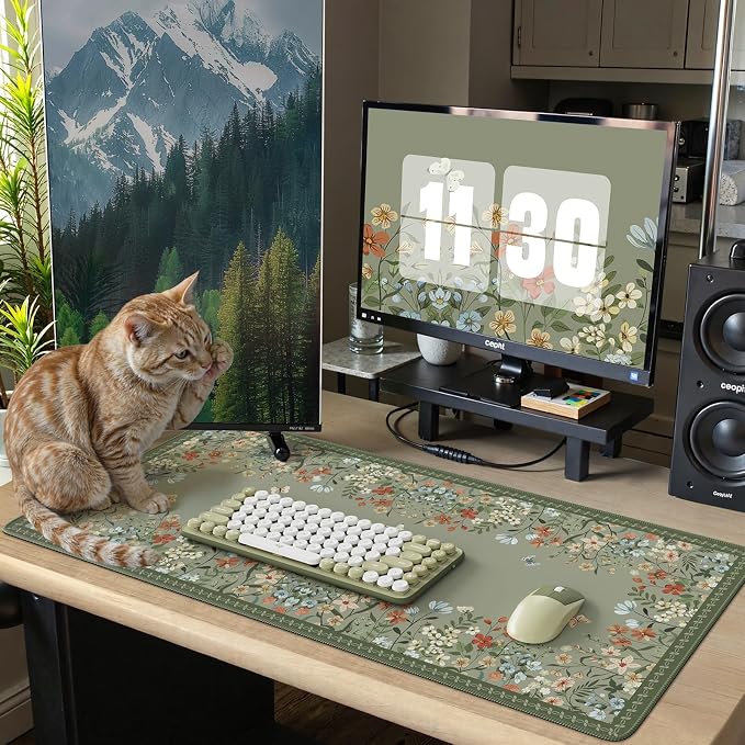 iCasso Desk Mat for Keyboard and Mouse,Cute Desk Pad,Sage Green | Large Non-Slip Keyboard Mat with Stitched Edges,Floral Mousepad for Women,Girly Computer Mat for Home Office