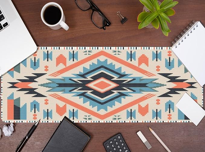 Western Rug Mouse Pads Vintage Southwest Desk Mats for Computers, Retro XL Large Aztec Desk Accessories Office Decor Blue Orange Gaming Full Desks Computer Mat for Women Men 31.5x11.8